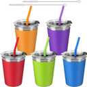 5Pack Kids Cups with Straws and Lids Spill Proof, 12oz Toddler Straw Cups with Colorful Silicone Sleeves, Unbreakable Stainless Steel Water Tumblers for Cold & Hot Drinks