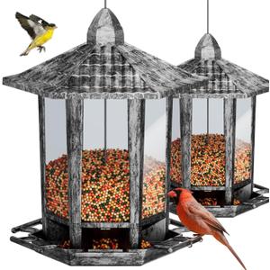 Birdream 2 Pack Bird Feeders for Outdoor, Retro Pagoda Design Fun Installation Bird Feeder, Attracting Wild Birds Chickadees Goldfinches Cardinals Finches and Sparrows - Retro Silver