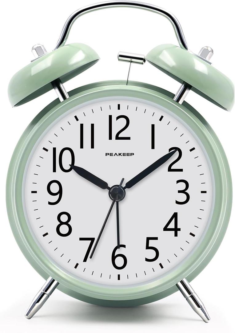 Peakeep Loud Battery Alarm Clock for Heavy Sleepers Adults Kids, Analog 4.5" Twin Bell Old School Fashioned Style for Bedrooms Living Room Decor (Avocado Green)