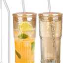 Glass Cups with Lids and Straws, Amber 20 OZ Iced Water Glasses Tumblers for Ice Juice, Tea, Milk, Smoothie and Cold or Hot Drinks, Set of 2