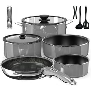 Pro DUXANO 12PC Nonstick Pots and Pans Set&Hybrid 3-Ply Stainless Steel Skillet, High Heat Sear&Fry, 2-Layer Ceramic Induction Cookware, 9H Scratch-Resistant&Anti-Warp,PFAS Free,All Cooktop/Dishwasher (Charcoal Gray)
