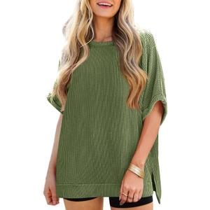 Tankaneo Womens Oversized T Shirts Summer Casual Ribbed Batwing Short Sleeve Tunic Tops Loose Fit Dolman Sleeve Tees (Small, Army Green)