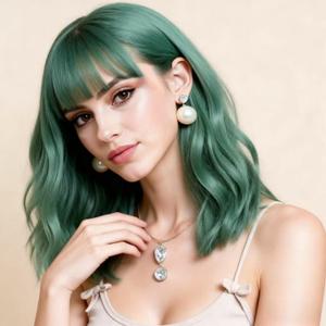 Rugelyss Short Green Wavy Bob Wigs for Women Synthetic Hair Wig with Bangs 14 Inches Length for Daily Wear or Halloween Costume Cosplay Party