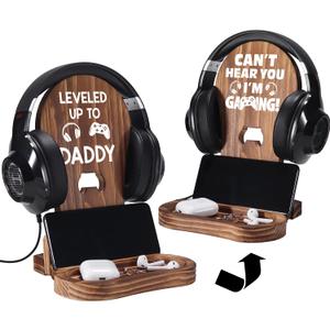 Slothoem Gamer Gifts for New Dad, New Expecting Dad First Fathers Day, New Dad Announcement, Best Birthday Gift for New Father, for Husband Soon-to-be-Dad, Wooden Headset Stand-Leveled Up To Daddy