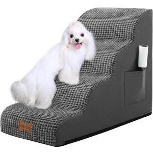 Dog Stairs for Small Dogs, Wide Pet Step with Removable Cover, No Assembly High Density Foam Cat Ramp for Bed or Sofa, 4-Step, Dark Grey (15.7x28.3x19.7in)