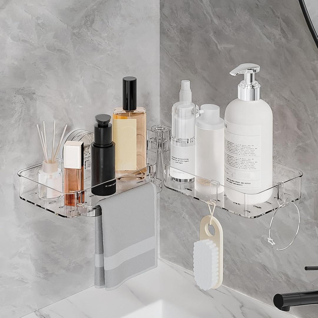Rotating Corner Shower Caddy, No-Drill Bathroom Shelves with Strong Suction Cups, Removable Bathroom Organizers and Storage with Hooks for Home Kitchen Dorm