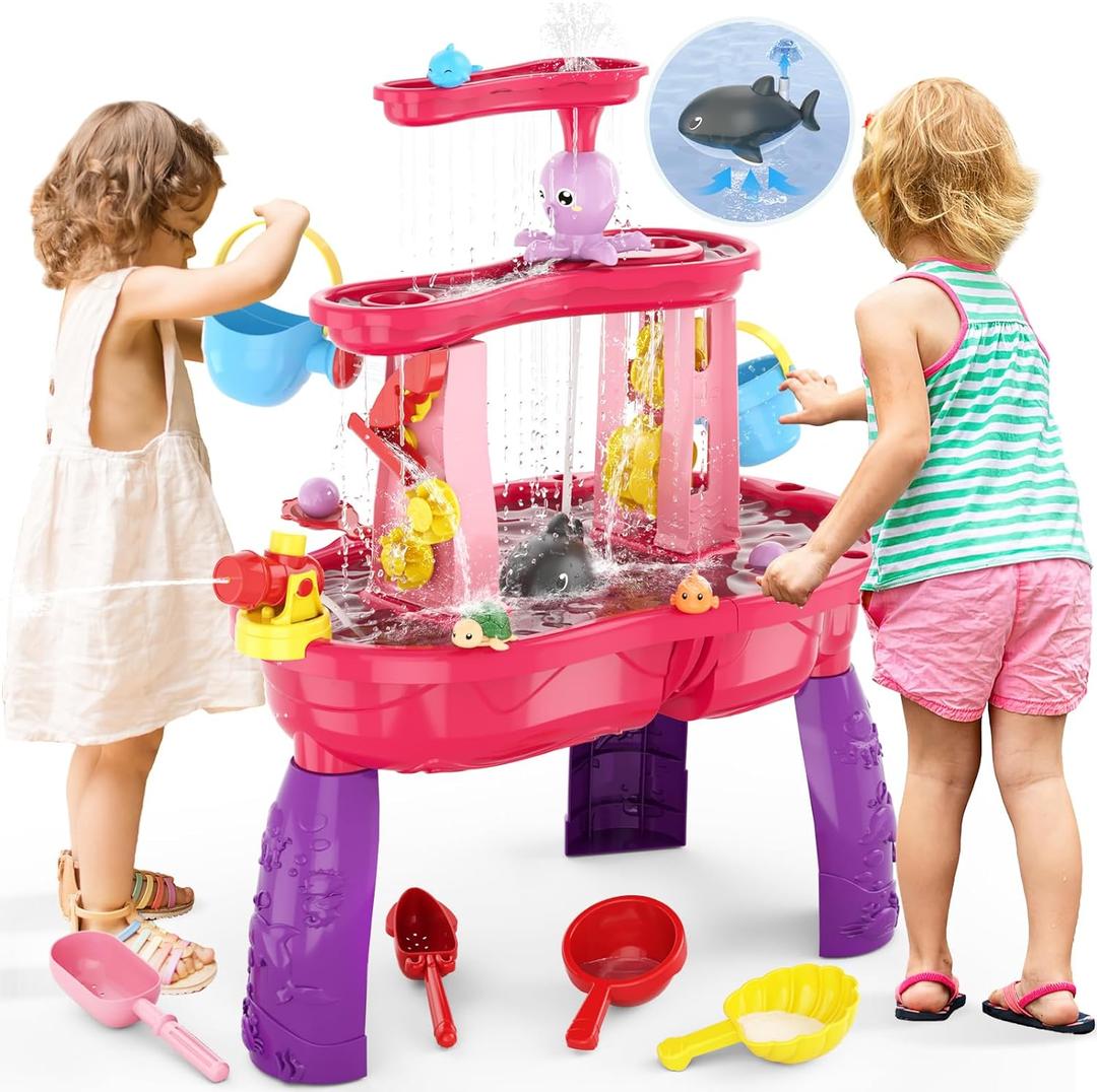 Water Table for Toddlers 3-5 with Water Pumb, 3-Tier Kids Sand Water Table, Rain Showers Splash Pond for Outdoor Beach Backyard Summer, Activity Sensory Play Table for Girls, Pink