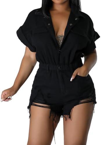 Denim Rompers for Women Sexy Short Sleeve Bodycon Short Pants Jeans Jumpsuits with Belt Pockets Botton Down(XX-Large)