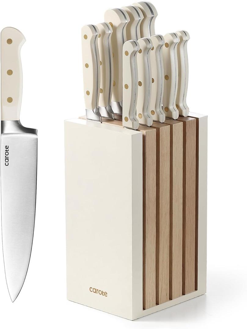 CAROTE 11 Pieces Knife Set with Block for kitchen, Stainless Steel Razor-Sharp Blade, Triple Riveted Ergonomic Handle, Wooden Magnetic Block, Essential Knife Block Set, Beige (White-WS)