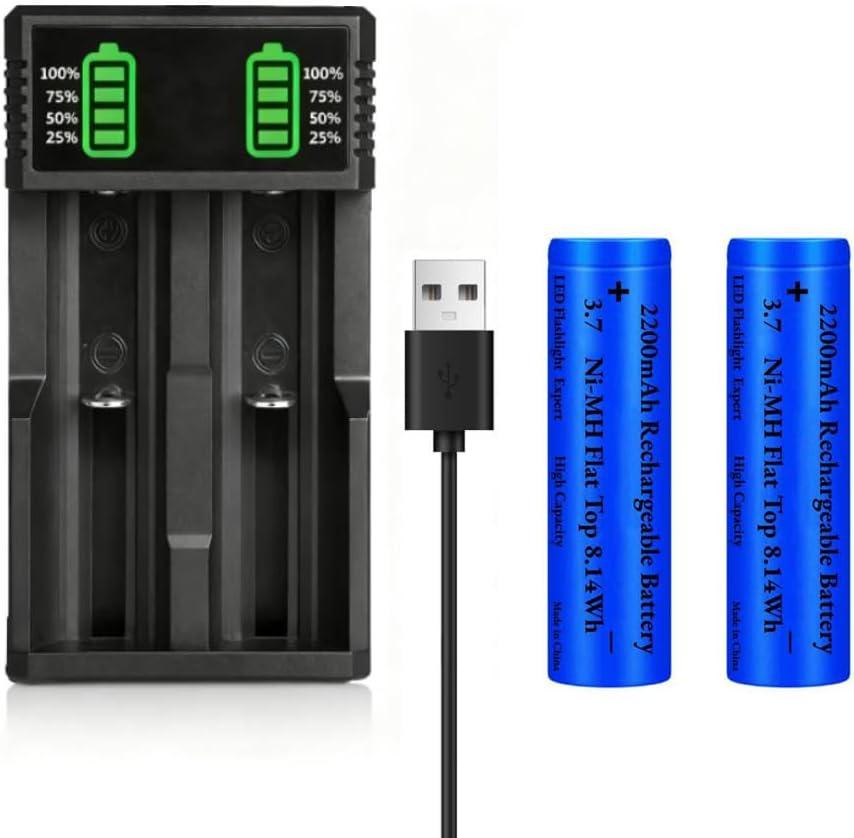 3.7 USB Battery Charger with 2 Pack 3,7 2200mAh Flat Top Battery Ni-MH, 2 Bay LCD Display Smart Universal USB Battery Chargers for Flashlights, Headlamps,Doorbells,RC Cars,Outdoor Garden Lights,etc