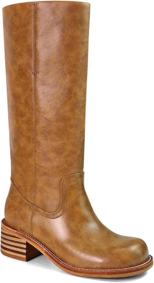 UBWDU Women's Knee High Boots Chunky Block Heel Long Boots Square Toe Low Heel Boots for Women (8.5, Brown)