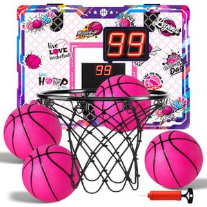 LovesTown Pink Indoor Mini Basketball Hoop, for Girls Ages 4-12, Over The Door Hoop with LED Lights & Electronic Scoreboard, 4 Balls, DIY Stickers, Sports Toys for Family Game Night