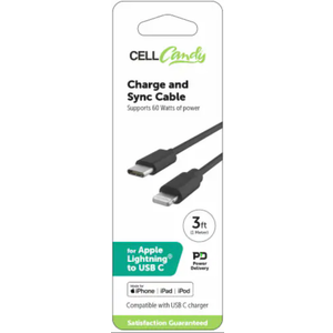 CellCandy Charge and Sync Cable -Black, 3 ft  
