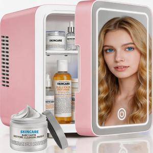 Mini Skincare Fridge 4L, Skincare Mini Fridge with Dimmable LED Light Mirror, Cooler & Warmer Dual Use (35.6°F-149°F) for Makeup & Food, Ultra-Quiet Mini Fridge for Bedroom Office Car, Pink, 9.8*9.6*7 inches