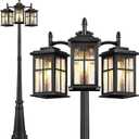 VIANIS 3-Head Outdoor Post Lights Hard Wired, Dusk to Dawn Black Lamp Posts Outdoor Lighting with Tempered Seeded Glass Anti-Rust Modern Triple Head Street Lamp Post for Garden Yard Patio Driveway