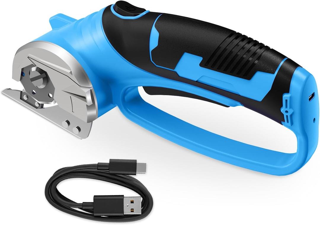 Cordless Electric Scissors, 4V Rechargeable Box Cutter & Cardboard Cutter with Titanium Blade, LED Light, Safety Lock - Rotary Cutter for Fabric, Leather, Carpet, Plastic, Crafting, Sewing (Blue)