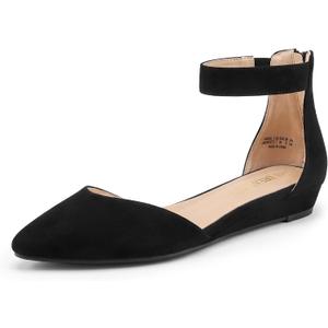 DREAM PAIRS Women's Low Wedge Pointed Toe Ankle Strap Dress Comfortable Casual Flats Shoes (7.5, Black/Nubuck)