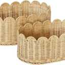 BEBE BASK Premium Scalloped Basket Set Of 2 - Scallop Basket - 16 x 10 x 7 Inch - Hand-Woven Elegant Wicker With Scalloped Edge - Nursery Storage (Natural)
