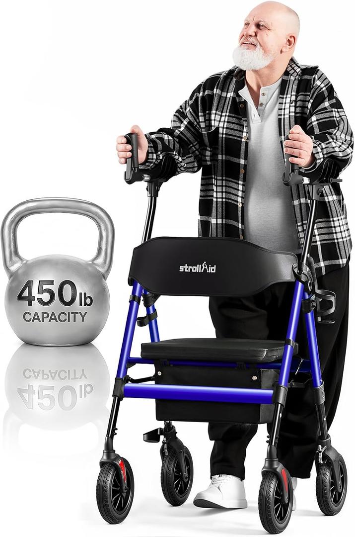 Upright Walkers for Seniors, 450 lb Heavy Duty Stand Up Rollator Walker with Adjustable Soft Sponge Armsupport & Seat, Tall Standing Folding Rolling Walker with 8'' Wheel, Blue