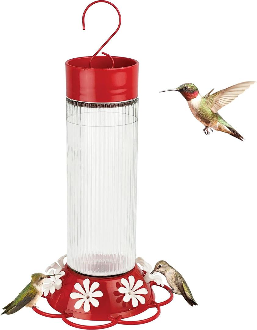 Nature's Way Hanging Glass Hummingbird Feeder for Outdoor Dcor, 28 Ounce Capacity Nectar Feeder, Ant Moat, 7 Easy to Clean Flexible Ports, Red