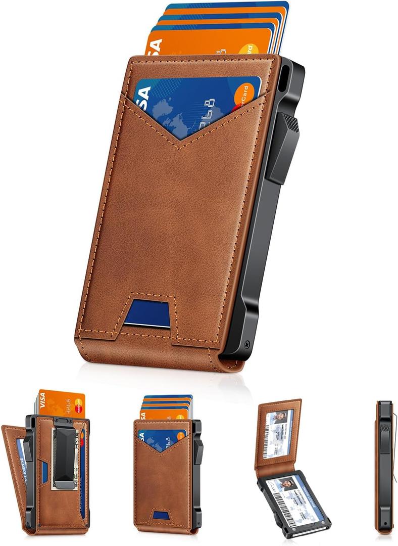 Wallet for Men RFID Wallet with 2 ID Windows & Money Clip, Slim Pop Up Card Holder for 10-12 Cards, Bifold Minimalist Smart Wallet for Front Pocket, Compact Metal Credit Card Holder, Gifts for Men (Brown)
