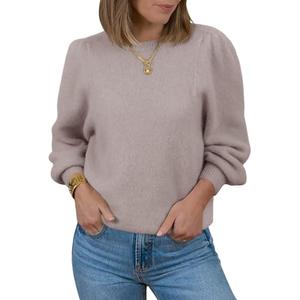 Saodimallsu Womens Puff Long Sleeve Sweaters Fall Crew Neck Cozy Soft Knit Loose Casual Pullover Tops Khaki