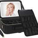 Chomeiu Makeup Bag with LED Mirror, Large Train Case for Makeup Artists, 16.2 inches Travel Professional Cosmetic Organizer with Light Up Mirror, 3 Color Lights, Brush Holder & Shoulder Strap (Black)