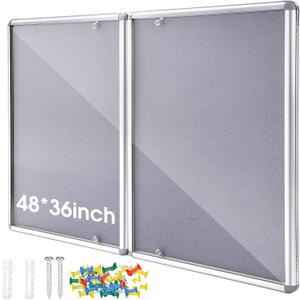 Motipuns 48"x36" Lockable Enclosed Bulletin Board with Glass Door, Weather Resistant Cork Notice Board, Wall Mounted Display Case for School Office Community Outdoor, 12xA4(Gray, Silver Frame)