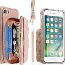 MONASAY Zipper Wallet Case Fit for iPhone SE 2022/2020/8/7, [Glass Screen Protector ][RFID Blocking] Flip Leather Handbag Phone Cover with Card Holder & Crossbody Lanyard Strap, Rosegold