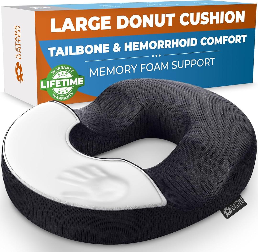 5 STARS UNITED Donut Pillow Hemorrhoid Tailbone Cushion  Large Cushion for Pain Relief  Coccyx, Prostate, Sciatica, Pelvic Floor, Pressure Sores, Pregnancy, Postpartum Recovery, Black