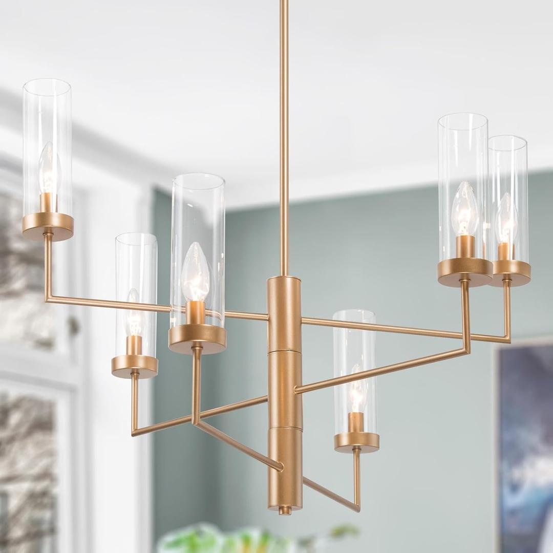 Modern Gold Chandelier, 6-Light Dining Room Chandelier Light Fixture with Glass Shade, Rotatable Ceiling Hanging Light for Contemporary Living Room, Bedroom, Kitchen Island, Foyer, Dia 26.5"