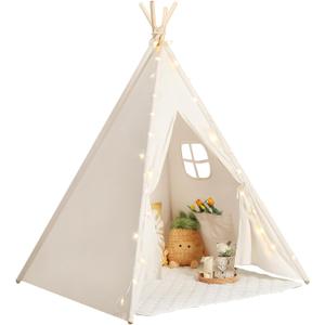 Sumbababy Teepee Tent for Kids Tent Indoor with Mat - 100% Cotton White Toddler Tee Pee Tents Play House- Collapsible Tents for Slumber Party - Washable Tipi Boho Bedroom Gift Toys for Girls & Boys