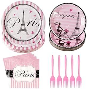 Grencian 96Pcs Paris Birthday Party Decorations Paris Eiffel Tower Plates Disposable 350GSM Paris Party Tableware Set for Kids Birthday Baby Shower Paris Themed decor Party Supplies, Serves 24