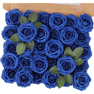 MACTING Artificial Flower Roses 30PCS Real Touch Fake Flowers with Stem Foam Roses for DIY Wedding Bouquets Backdrop Party Bridal Shower Spring Home Mothers Day Decorations(Dark Royal Blue)