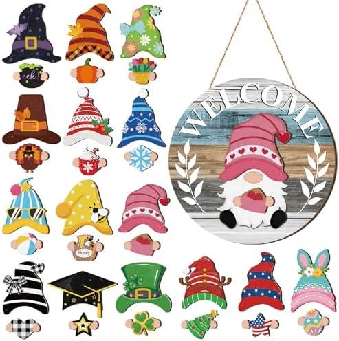 Qunclay Interchangeable Wooden Gnome Decor Holiday Seasonal Gnome Decorations with Magnet Pieces and Detachable Hats Changeable Welcome Sign for Home(Cute Style)