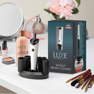 Luxe Electric Makeup Brush Cleaner Machine with Cleaning Solution - USB Charging Station, Automatic Brush Washer and Dryer - 3 Adjustable Speeds for Easy Cleaning - Complete Set for Hygienic Brushes (4 Piece set, White)