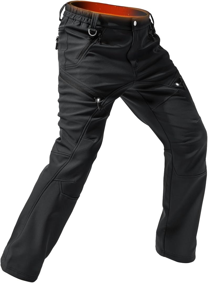 Moosehill Men's-Fleece-Lined-Cargo-Hiking-Pants Water-Repellent-Softshell-Snow-Ski-Pants for Winter Outdoor with 5 Pockets (34W x 30L, Black)