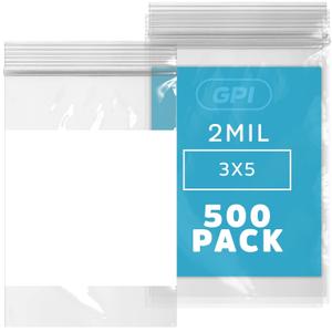 GPI 500 Count 3" x 5" Clear Plastic Reclosable Zip Bags - Bulk 2 Mil Thick Strong & Durable Poly Baggies with Resealable Zipper Top Lock & Write-on White Block, for Storage, Packaging & Shipping