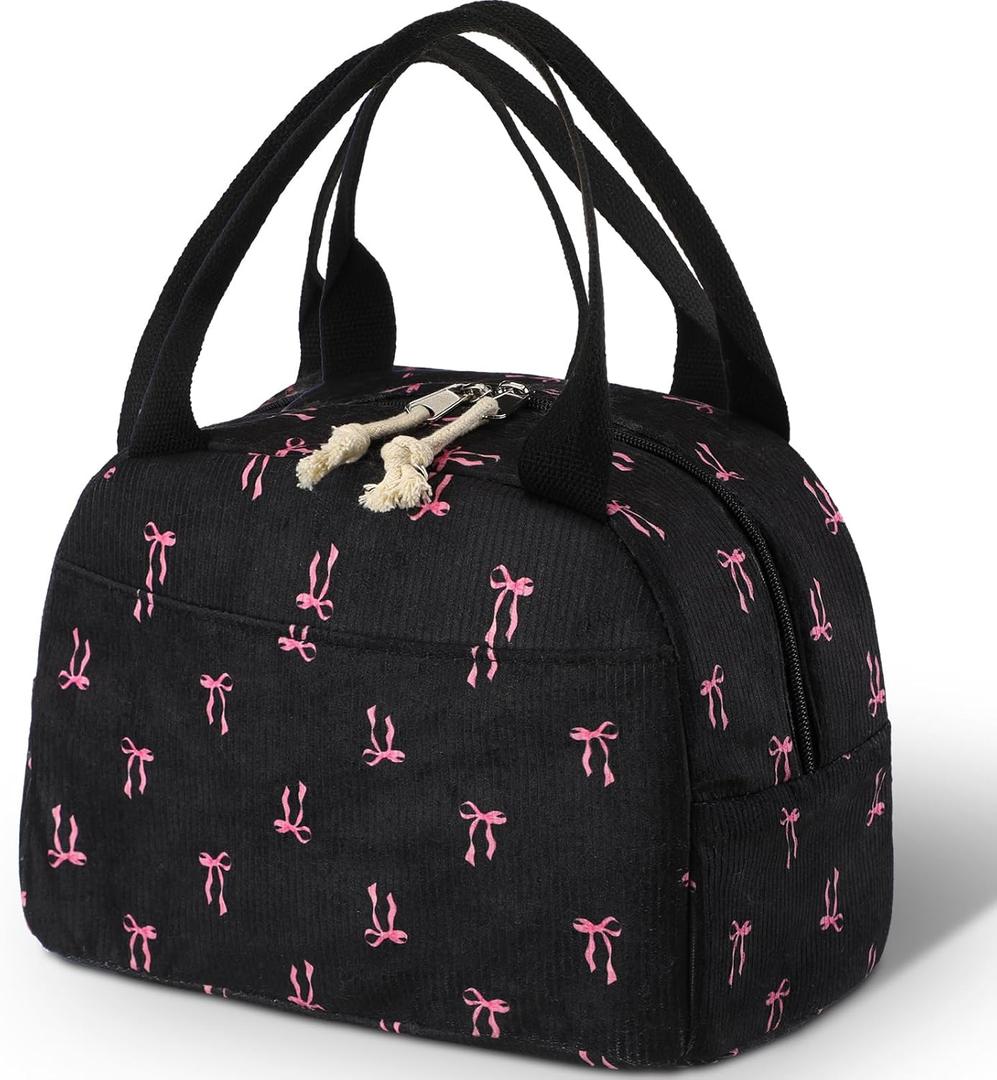Black and Pink Bow Lunch Bag Cute Corduroy Insulated Pink Bow Lunch Box for Women Coquette Tote Bag Reusable Large Capacity Cooler Containers Preppy Stuff Gifts for Picnics Travel Outdoor
