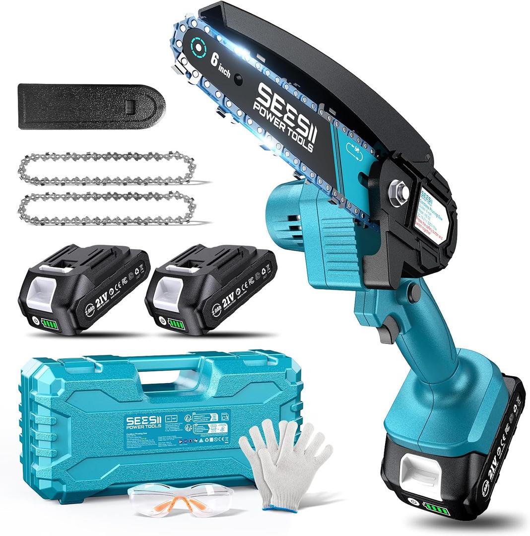 Seesii Mini Chainsaw, 6-inch Mini Chainsaw Cordless, Handheld Electric Power Chain Saw with 2 Batteries, for Tree Trimming Wood Cutting, Best Gifts for Father, Dad, Husband, Men