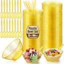 Eaasty 100 Sets Gold Glitter Plastic Bowls and Spoons 6oz Disposable Gold Bowls for Ice Cream, Candy, Soup, Salsa, Fruit,Heavy Duty Serving Sets for Party Birthday Wedding Supplies