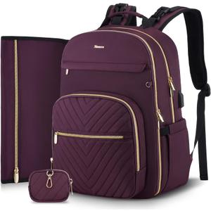 MOMUVO Diaper Bag Backpack, Quilted Baby Bag with Changing Pad & Stroller Straps & Pacifier Case, Large Travel Diaper Bags for Mom Dad (Purple)