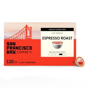 San Francisco Bay K-Cup Coffee Pods, Espresso Roast (120 ct), Medium-Dark Roast, Commercially Compostable Single-Serve Coffee Pods, BBD 04/08/2027