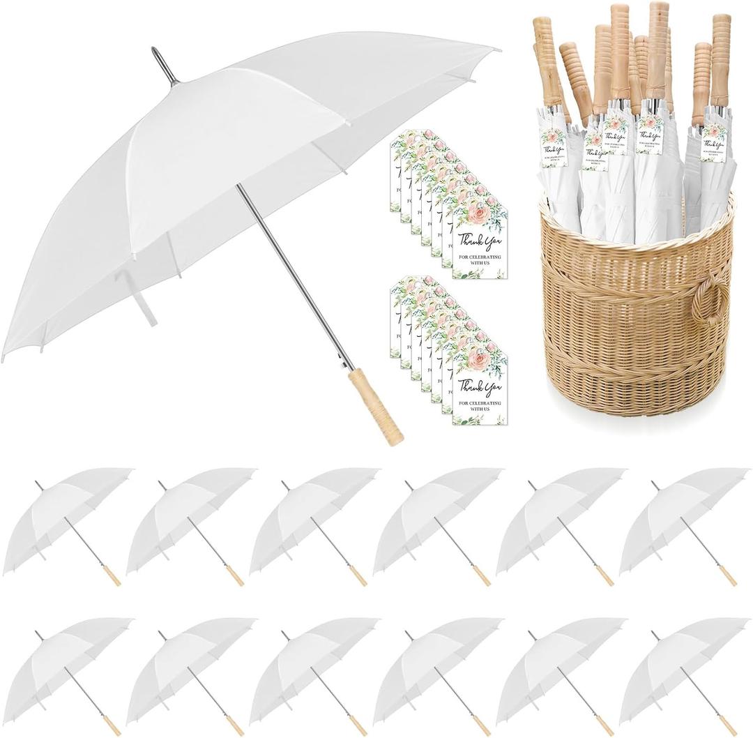 12 Pcs Wedding Umbrellas Bulk, 41 Inch Wedding Stick Umbrellas with Wooden Handle (White)
