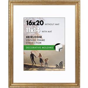 Americanflat 16x20 Picture Frame with Polished Plexiglass - Use as 11x14 Frame with Mat or Display 16x20 Photo Without Mat - Ornate Picture Frames for Wall Display - Gold