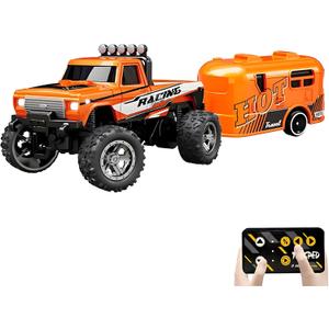 Mini Rc Truck, 1:64 Scale Monster Truck Remote Control Car with Lights, 2.4Ghz Mini Alloy Remote Control, Speed/Steering Adjustable (Orange)