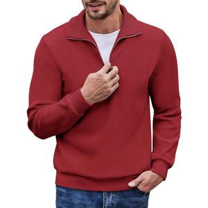 COOFANDY Men's Quarter Zip Up Pullover Mock Neck Long Sleeve Sweater Casual Corduroy Polo Sweatshirt (XX-Large, Wine Red)