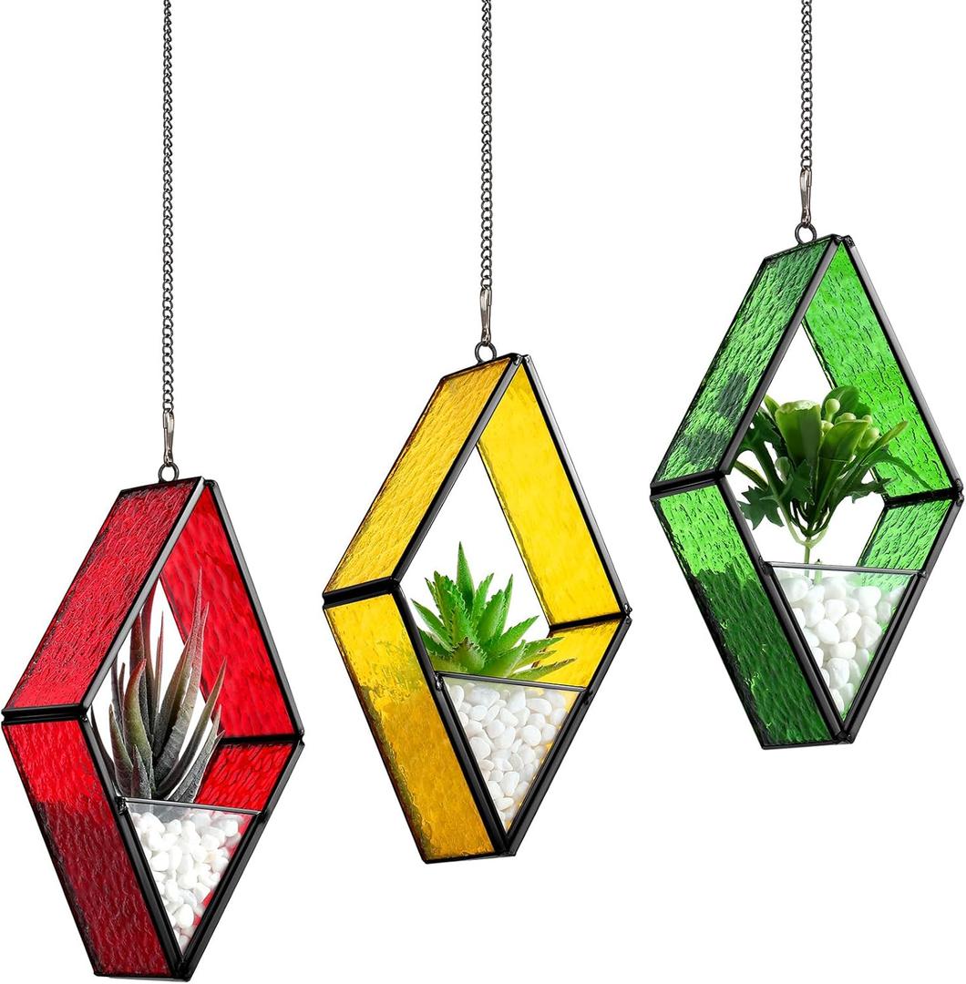Yaomiao 3 Pcs Stained Glass Hanging Plant Terrariums Hanging Glass Planter Small Geometric Terrarium Air Plant Terrarium with Chain for Succulent Moss Holders Garden Wall Windowsill (Bright Color)