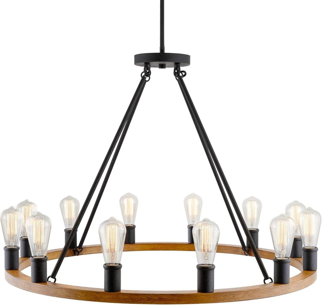 Kira Home Homestead 36" 12-Light Large Rustic Farmhouse Wagon Wheel Chandelier, Round Kitchen Island Light, Textured Black Accents + Warm Oak Wood Finish