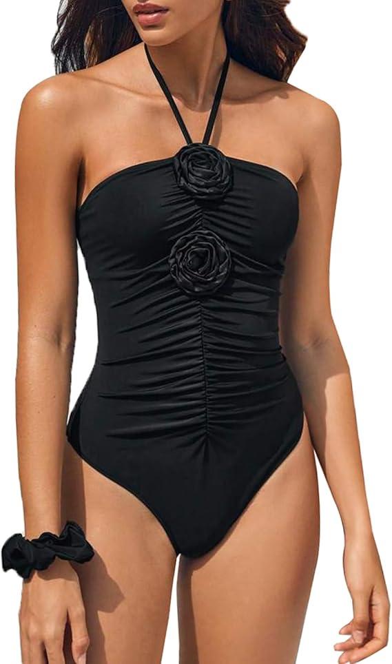 HYTENSUN Women's Ruched One Piece Swimsuit 3D Flower Halter Tie Back Floral Swimwear Bathing Suit Monokini S 